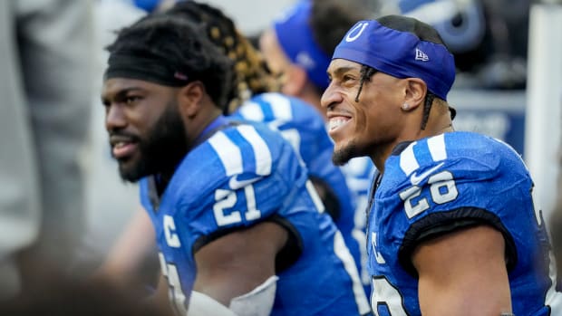 Oct 22, 2023; Indianapolis, Indiana, USA; Indianapolis Colts running back Jonathan Taylor (28) smiles on the bench during a game against the Cleveland Browns at Lucas Oil Stadium at Lucas Oil Stadium.